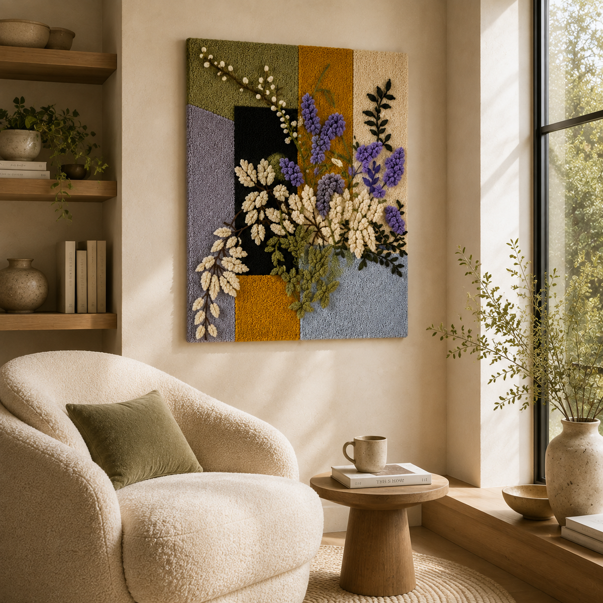 Lavender still life wall art by Hewn Earth featuring a serene floral arrangement on a textured canvas.