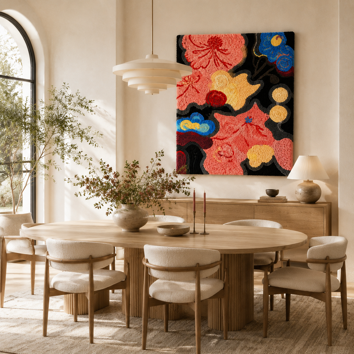 Hewn Earth Bloom Constellation wall art featuring a celestial design with vibrant floral and star elements on a dark background.