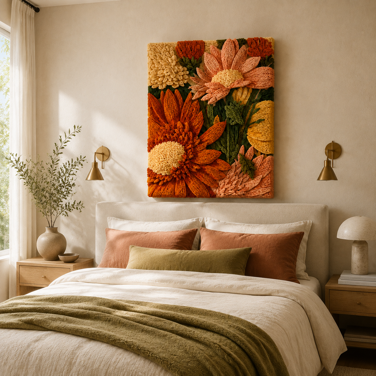 Hewn Earth Marigold Garden wall art featuring vibrant marigold flowers on a textured background.