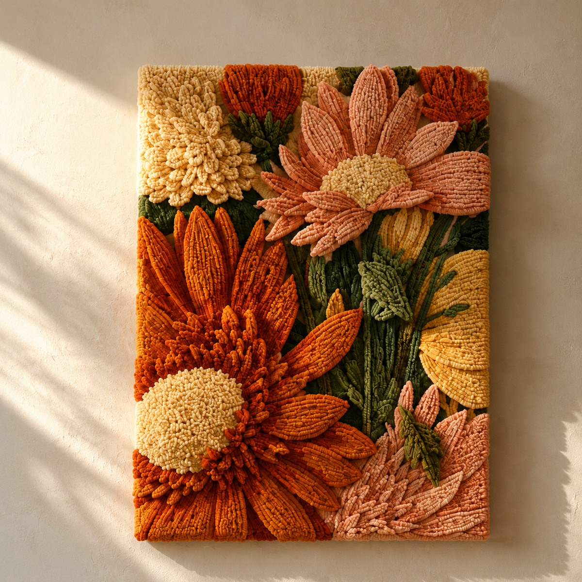 Hewn Earth Marigold Garden wall art featuring vibrant marigold flower illustrations on a decorative wall hanging.