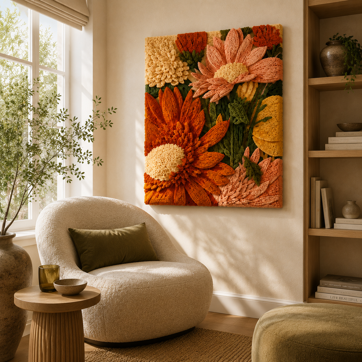 Marigold Garden wall art by Hewn Earth featuring vibrant marigold flowers and leafy green accents for natural decor.