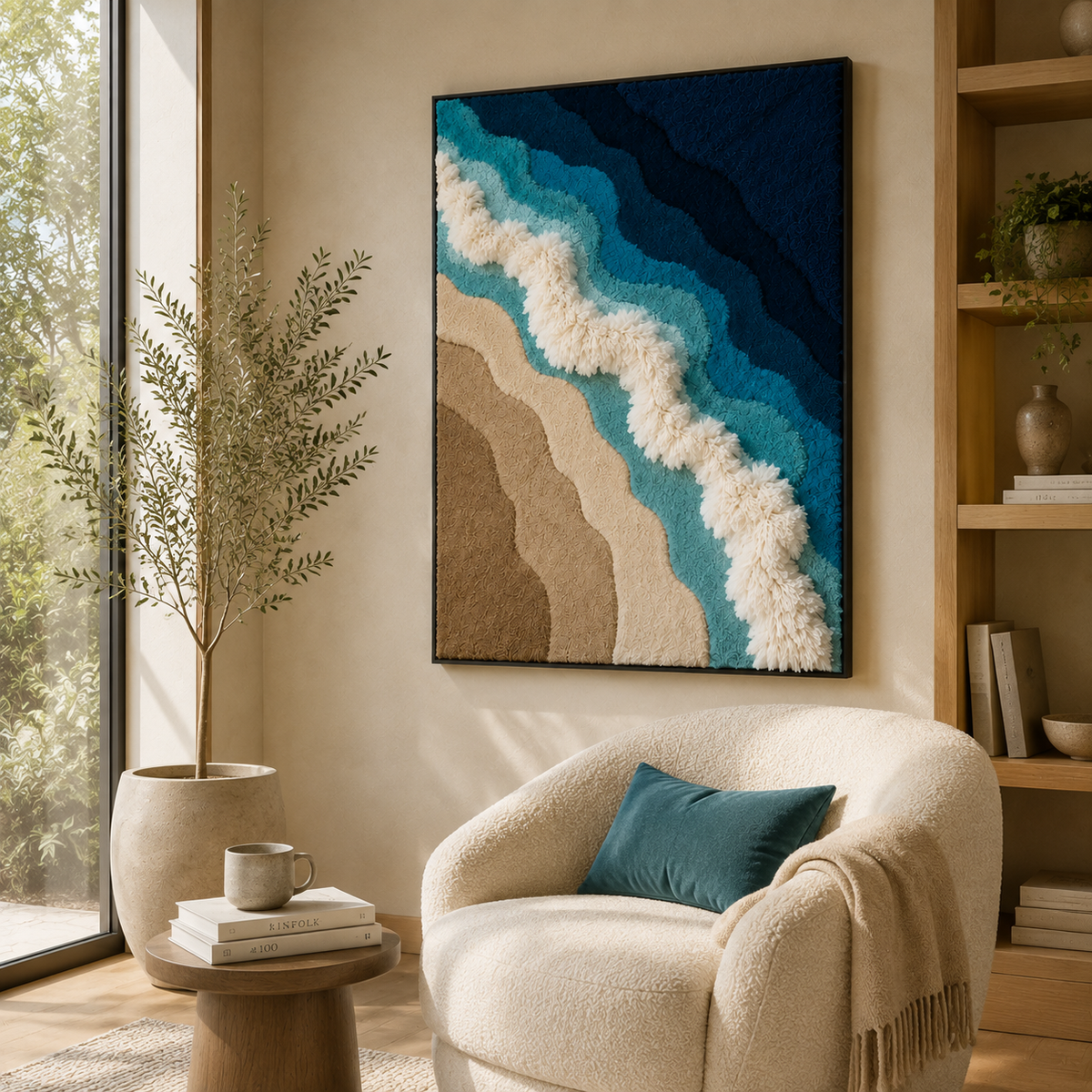 Hewn Earth Coastal Current HE-0299 wall art featuring abstract ocean-inspired design on textured canvas.