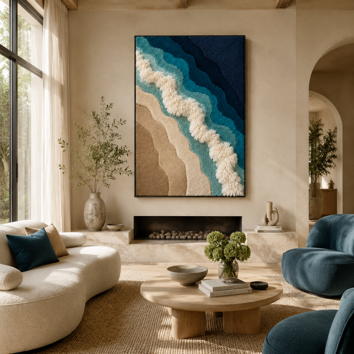 Hewn Earth Coastal Current HE-0299 wall art featuring abstract ocean wave design in muted coastal tones.