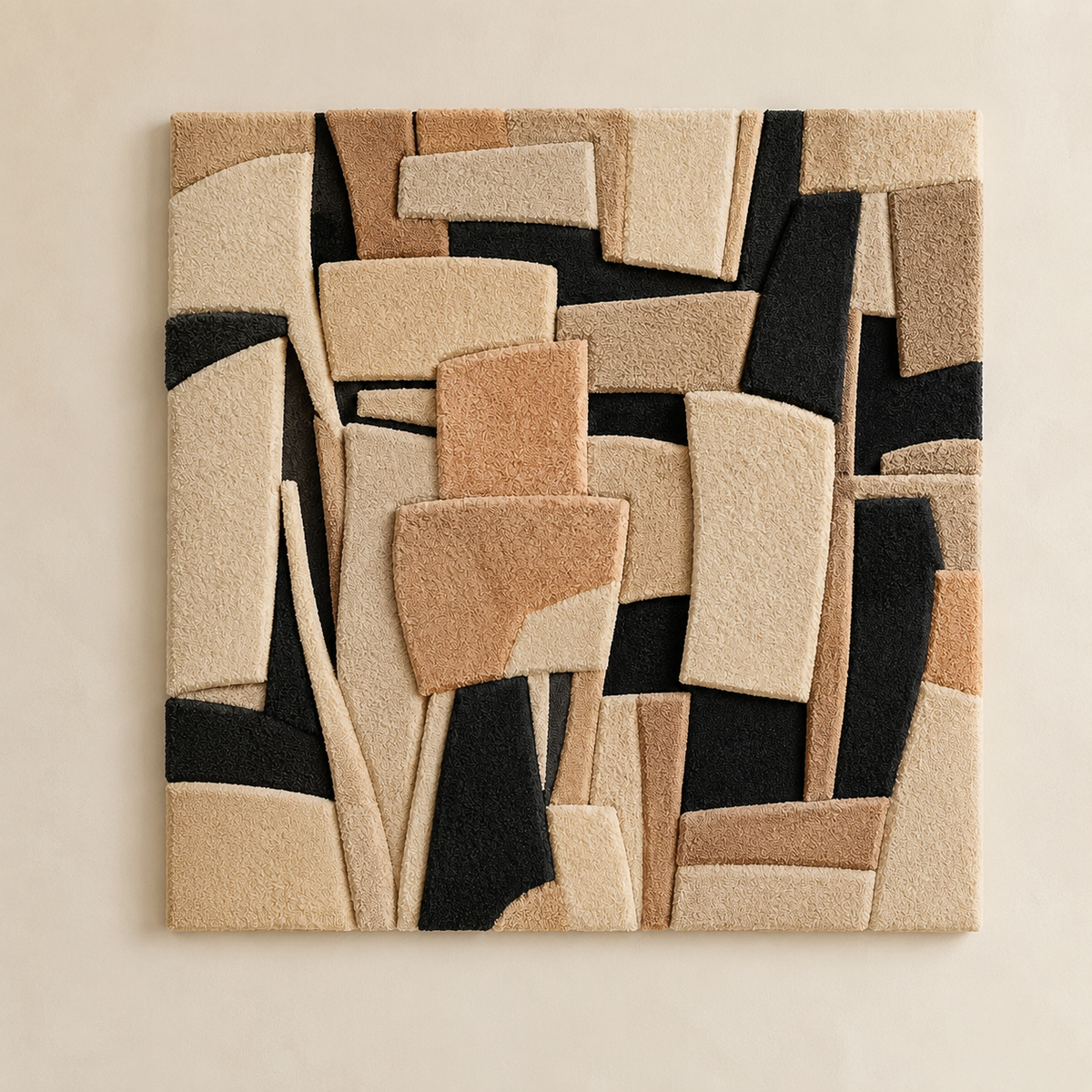 Hewn Earth Woven Angles HE-0301 wall art featuring geometric woven design in neutral tones, mounted on a wall.