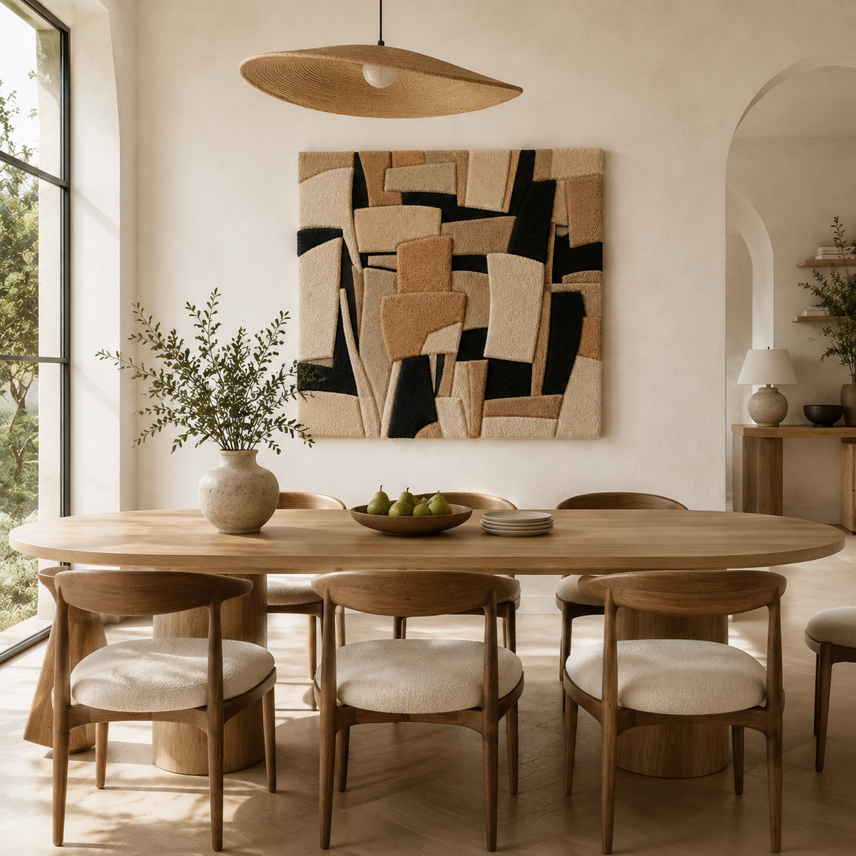 Hewn Earth Woven Angles wall art, abstract geometric design in earthy tones, hanging on a wall for modern home decor.