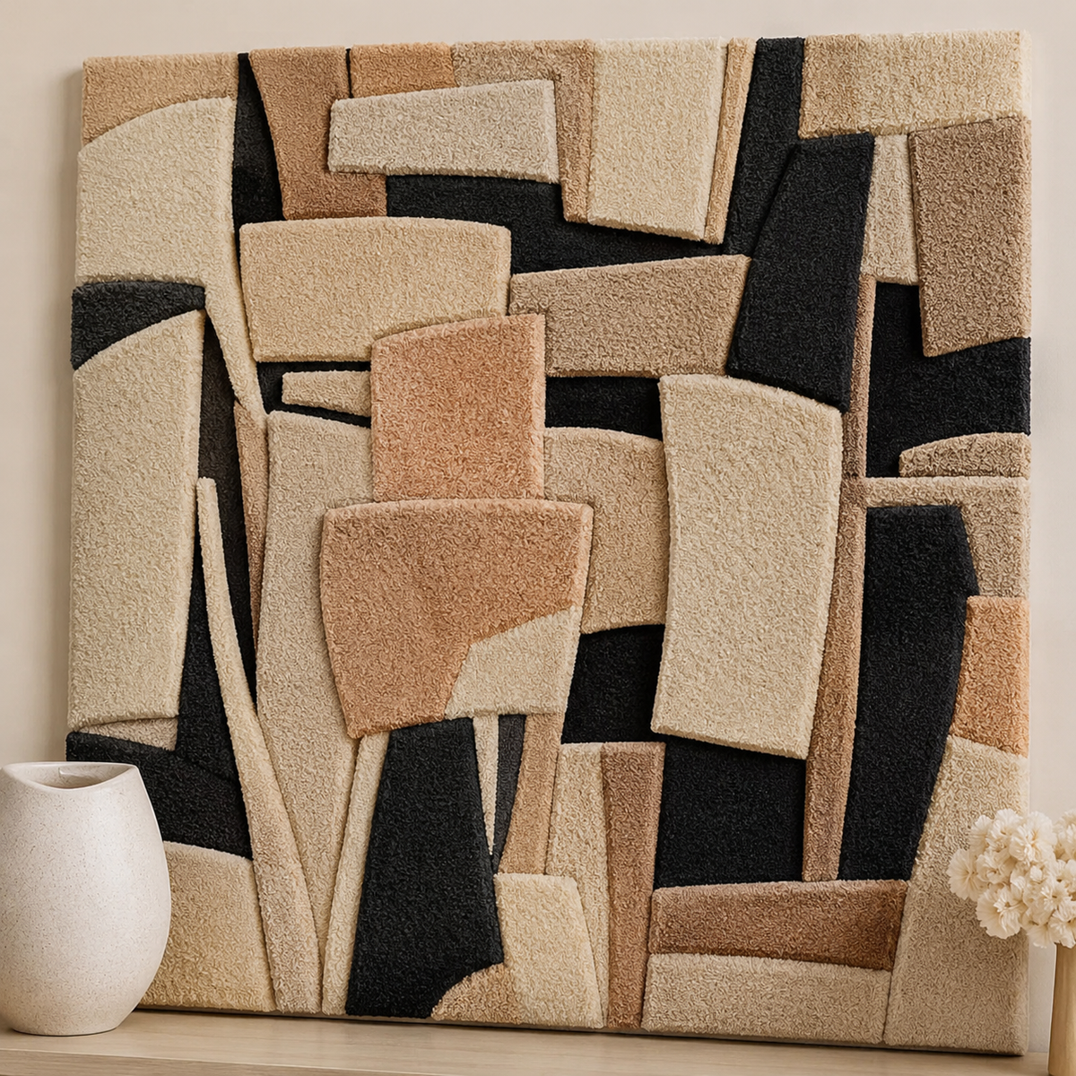 Hewn Earth Woven Angles wall art, geometric woven textile piece with neutral tones, modern wall decor for contemporary interiors