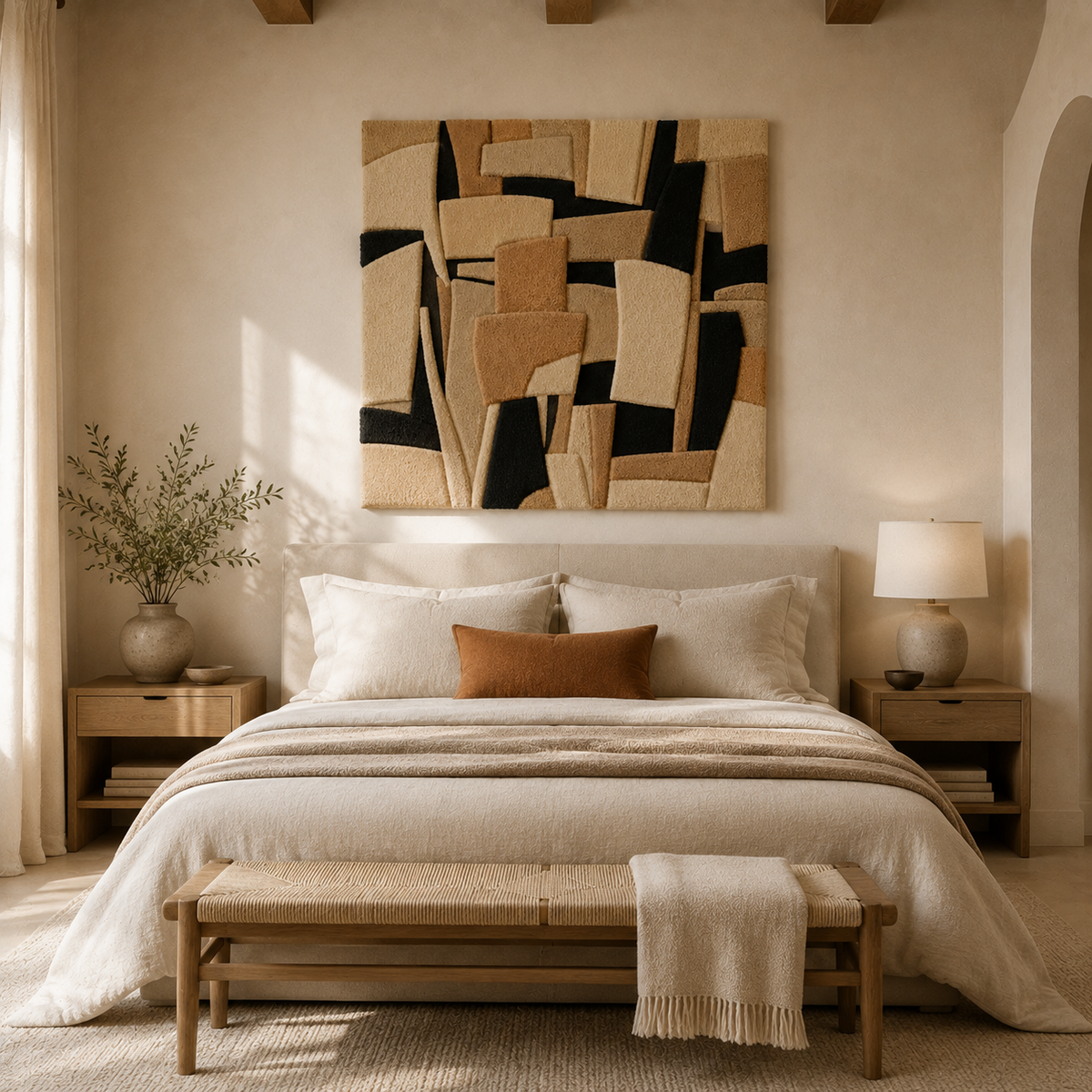 Woven Angles wall art by Hewn Earth featuring geometric woven design in neutral tones on a white background.