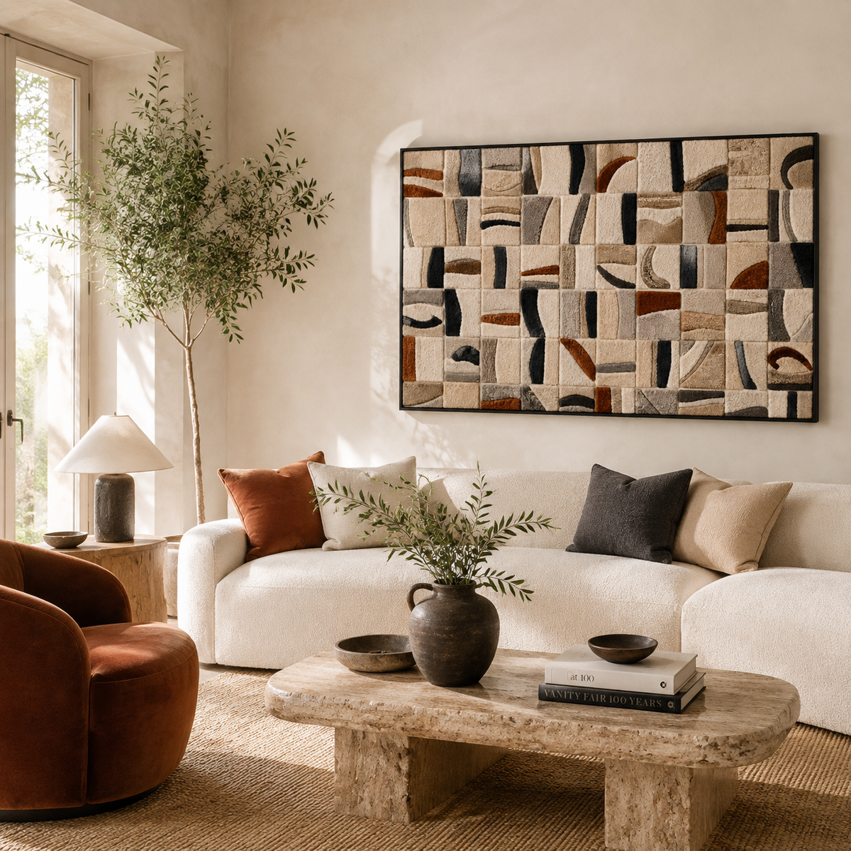 Hewn Earth Quiet Mosaic wall art featuring intricate geometric patterns in earthy tones, suitable for modern interior décor