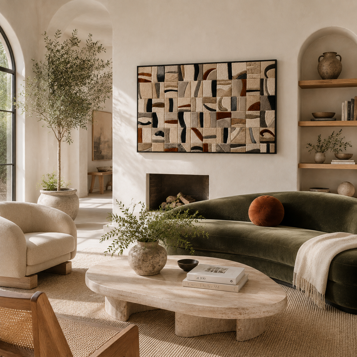 Hewn Earth Quiet Mosaic wall art featuring intricate geometric patterns in earthy tones on a neutral background.
