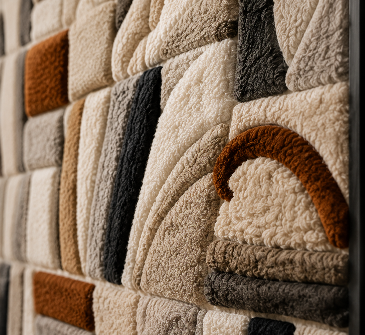 Hewn Earth Quiet Mosaic HE-0302 wall art featuring intricate geometric patterns in earthy tones displayed on a wall.