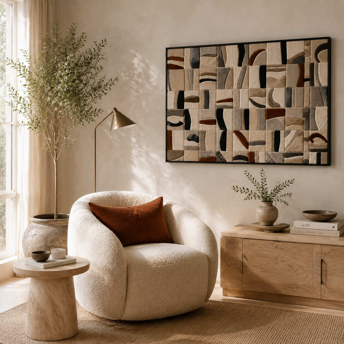 Hewn Earth Quiet Mosaic HE-0302 wall art featuring intricate mosaic design in earthy tones, suitable for modern interior decor.