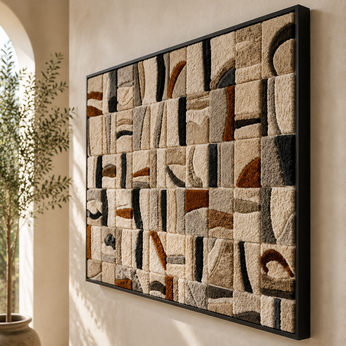 Hewn Earth Quiet Mosaic HE-0302 wall art featuring intricate mosaic pattern in earthy tones on a neutral background.
