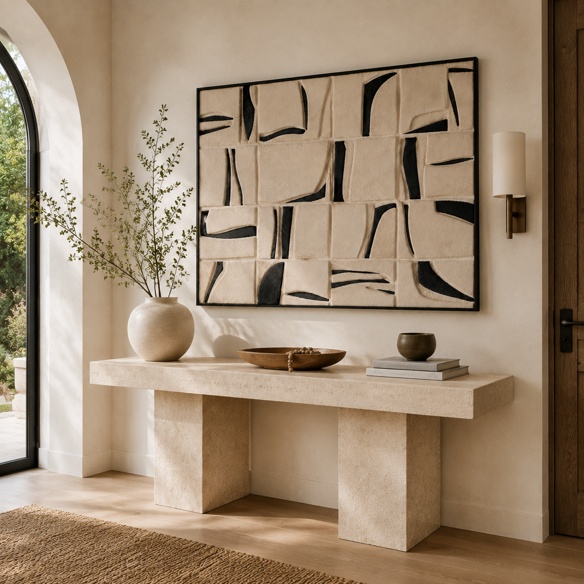 Hewn Earth Linework Grid wall art featuring geometric black and white line patterns on a white background, modern home decor.
