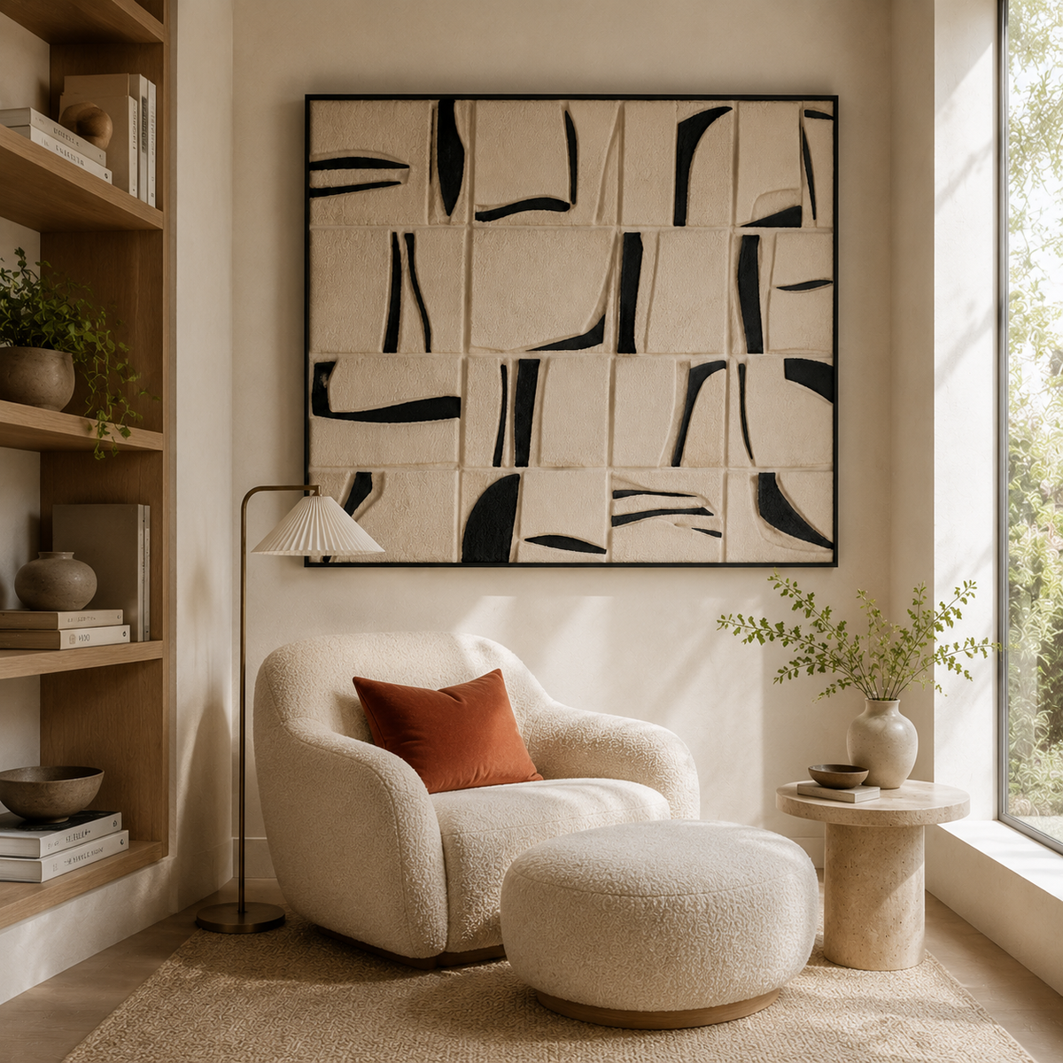 Hewn Earth Linework Grid wall art in black and white, abstract geometric design on a white background.