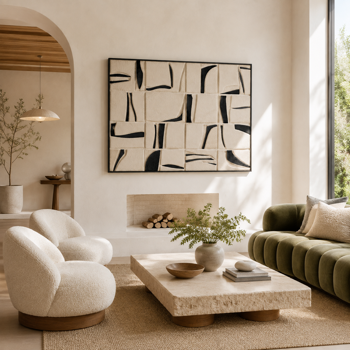 Hewn Earth Linework Grid HE-0303 wall art featuring intricate geometric black and white line patterns on a white background.