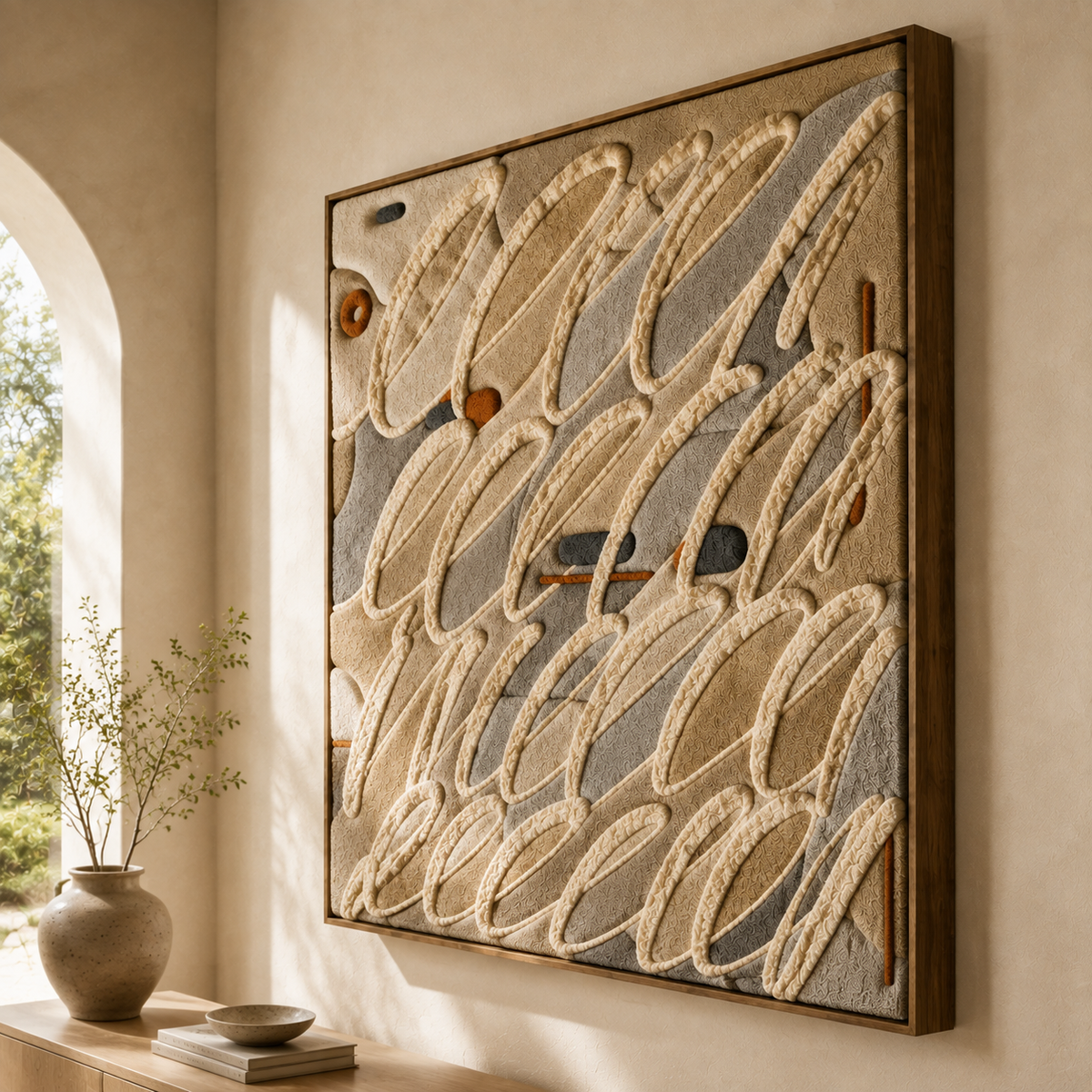 Hewn Earth Oat Current HE-0304 wall art featuring a textured abstract oat design in neutral tones on canvas.