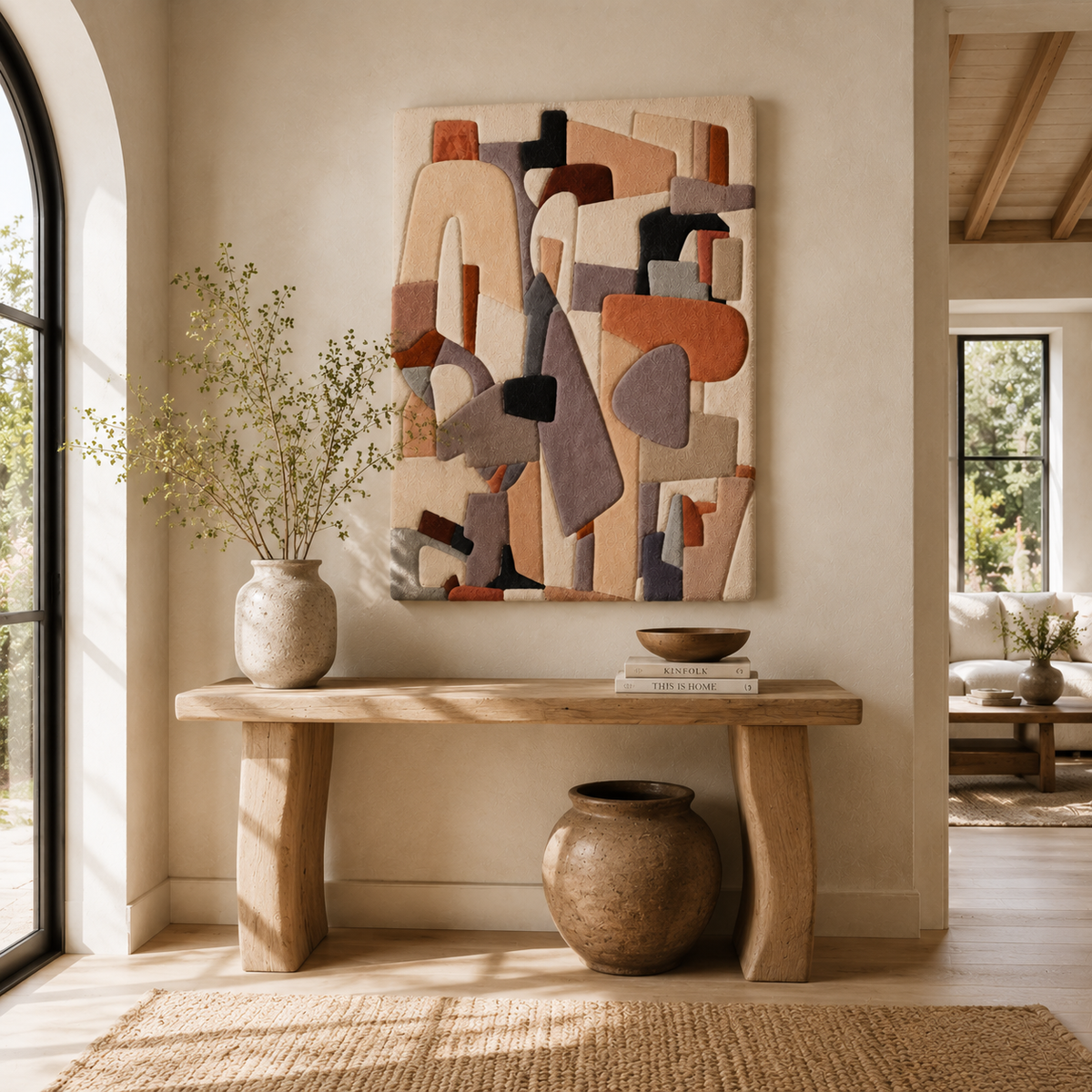 Hewn Earth Floating Forms HE-0305 wall art with abstract, layered wooden shapes arranged in a modern, sculptural design.