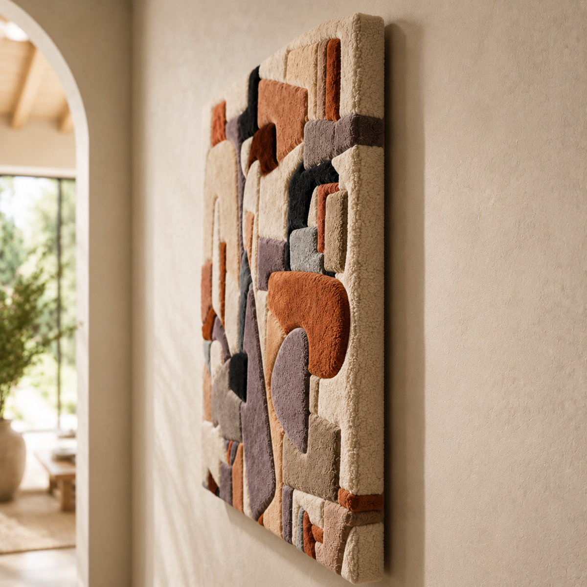 Hewn Earth Floating Forms HE-0305 wall art featuring layered, textured wooden panels in an abstract design.