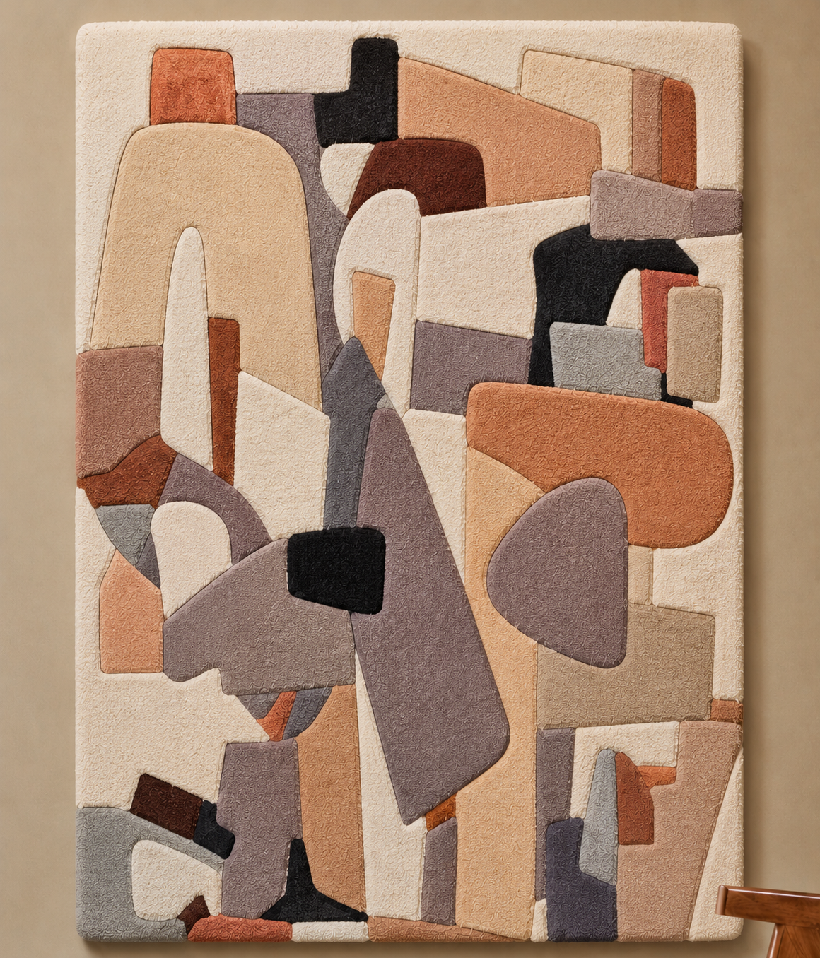 Hewn Earth Floating Forms HE-0305 wall art features abstract, layered wooden shapes with natural wood finish on a white background.