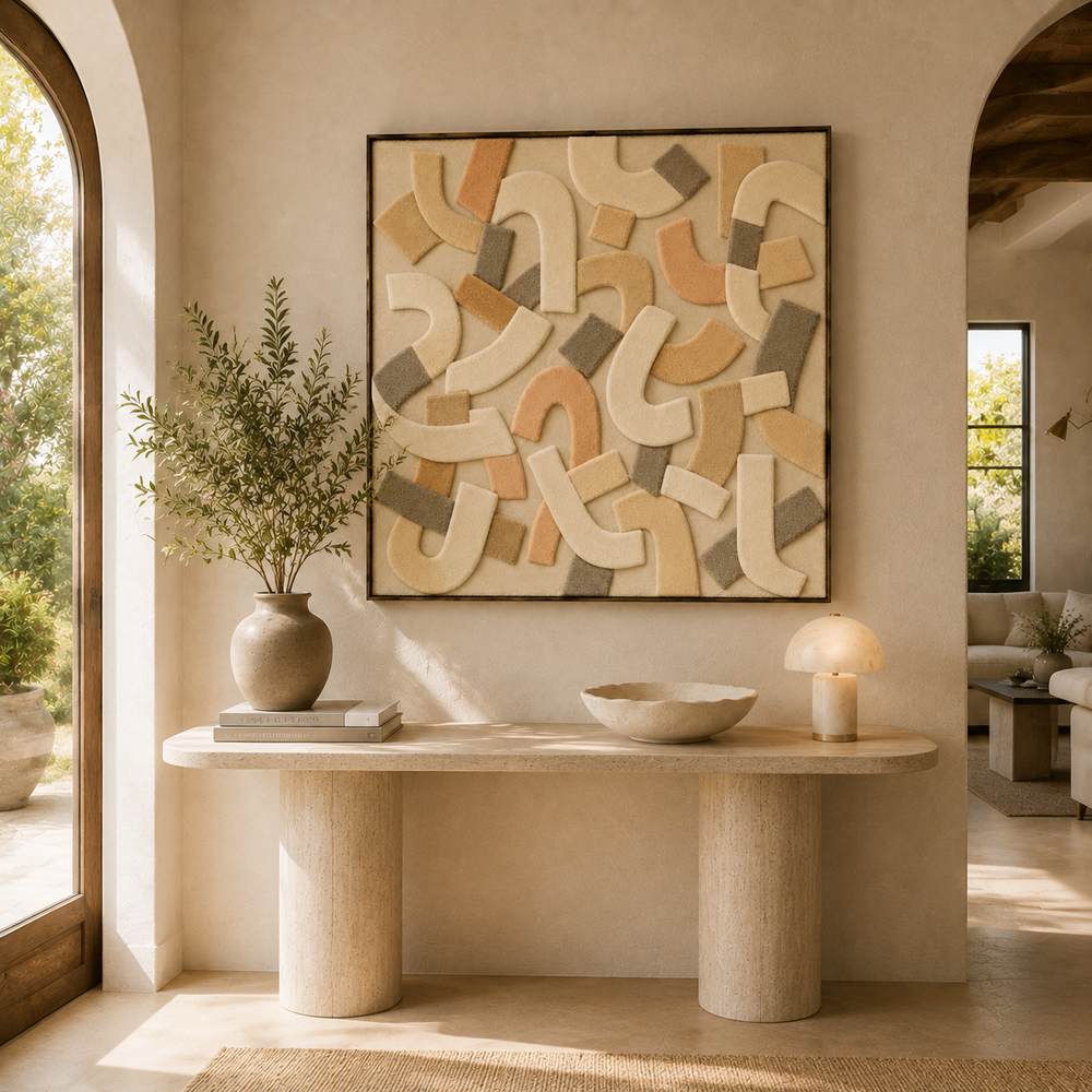 Wall art sand patches by Hewn Earth, featuring textured beige and tan sand patterns on a canvas.