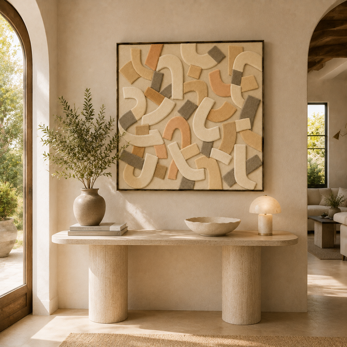 Wall art sand patches by Hewn Earth, featuring textured beige and tan sand patterns on a canvas.