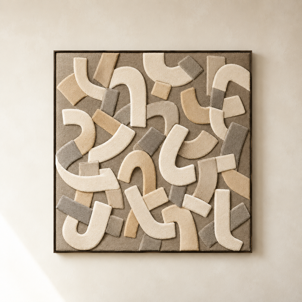 Hewn Earth Knotted Paths wall art featuring intricate woven design in neutral tones on canvas.