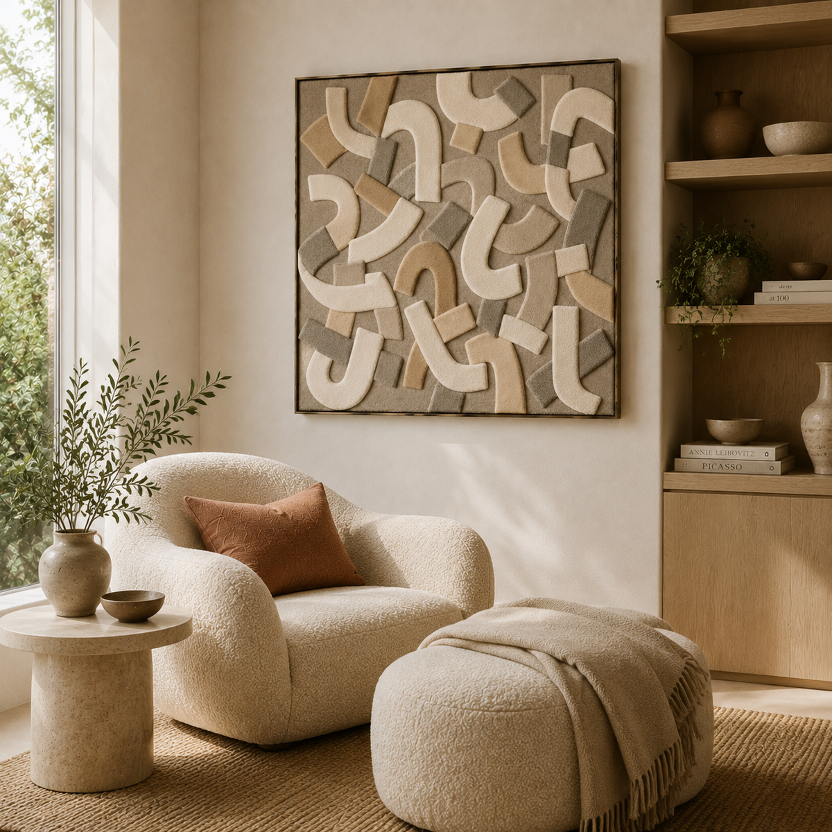 Hewn Earth Knotted Paths wall art featuring an abstract, knotted design in earthy tones on a neutral background.