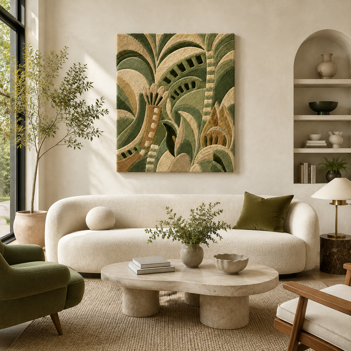 Hewn Earth Verdant Rhythm wall art featuring lush green abstract design hanging on a modern living room wall.