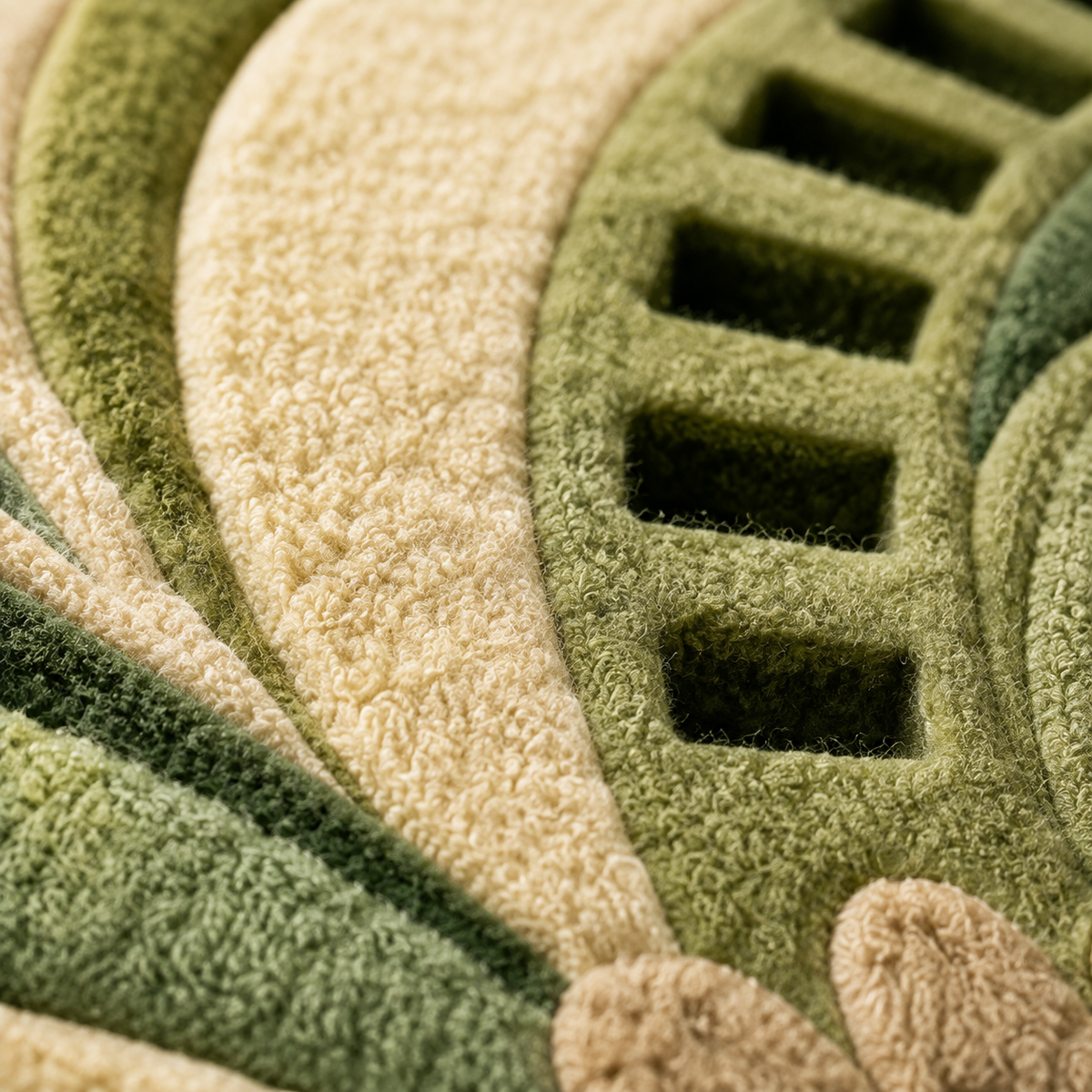Close-up of Hewn Earth Verdant Rhythm wall art featuring vibrant green and earthy tones with textured, layered design.