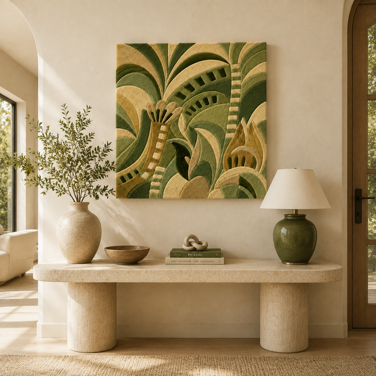 Hewn Earth Verdant Rhythm wall art featuring lush green abstract design on textured canvas for modern home decor.