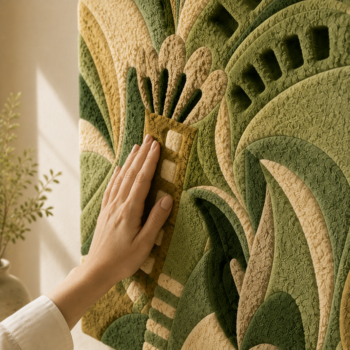 Hewn Earth Verdant Rhythm wall art featuring lush green abstract design on canvas, ideal for modern interior decor.