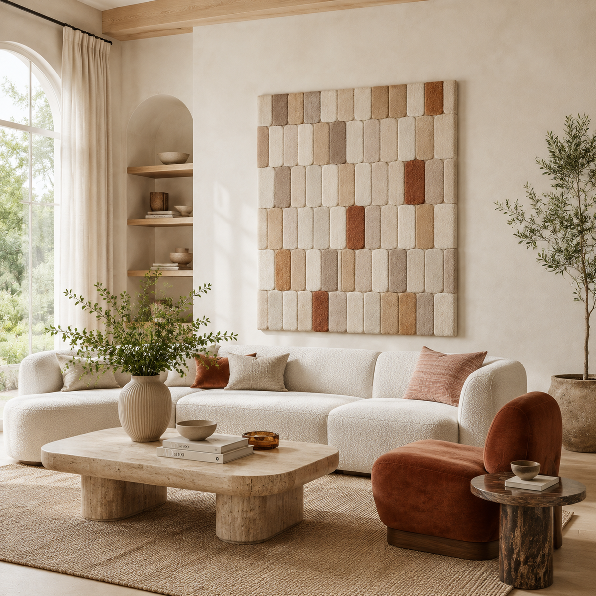Hewn Earth Oat Patchwork wall art featuring a colorful patchwork design in a modern room setting.
