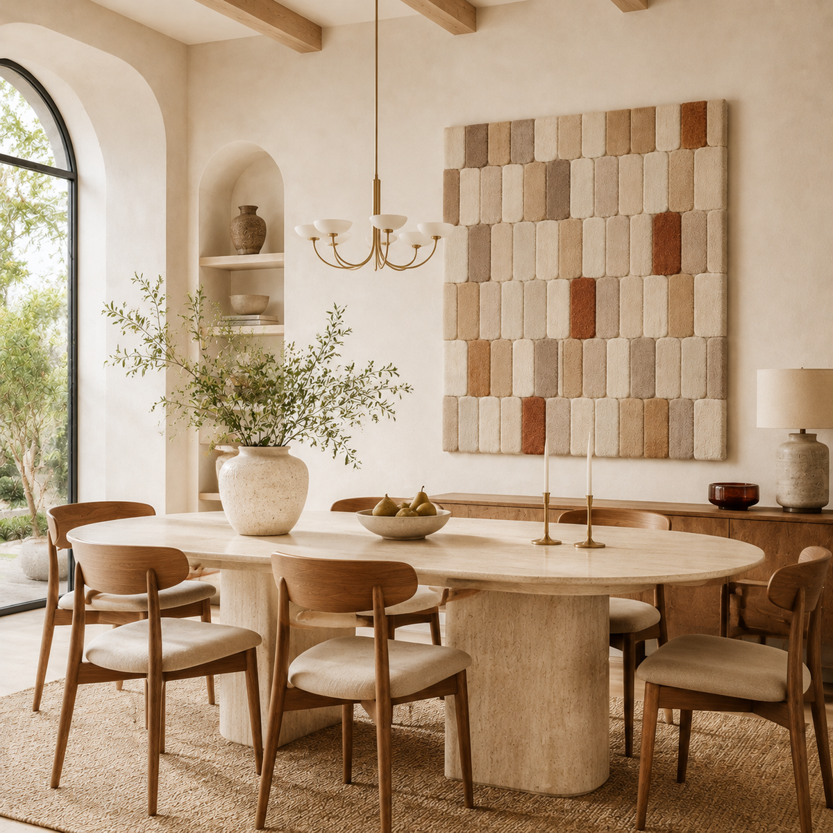 Hewn Earth Oat Patchwork wall art featuring a textured, patchwork design with earthy tones on a neutral background.