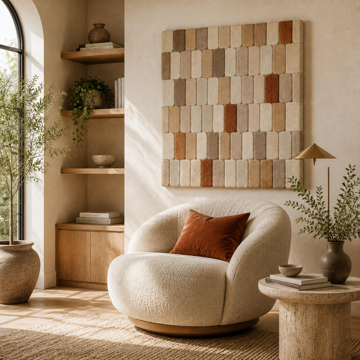 Hewn Earth Oat Patchwork wall art featuring a textured, earthy design with patchwork patterns in natural tones.
