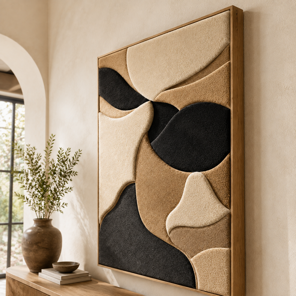 Hewn Earth Sable Dune Forms wall art featuring textured, earthy-toned abstract designs for modern interior decor.
