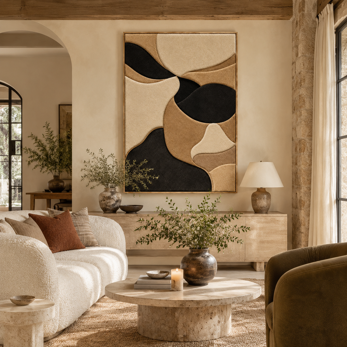 Hewn Earth Sable Dune Forms wall art featuring abstract sandy-toned shapes on a neutral background.