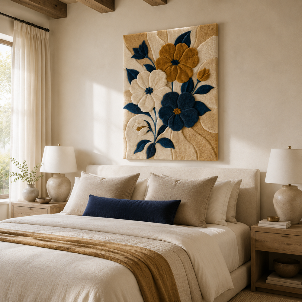 Midnight Marigold Hewn Earth wall art featuring vibrant marigold floral design on a dark background, suitable for home decor.