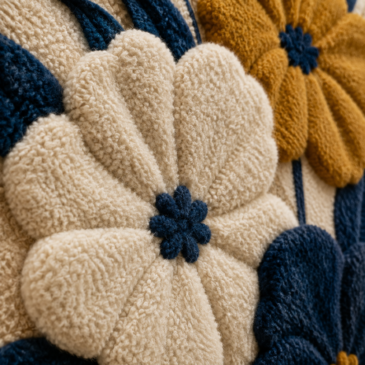 Close-up of Hewn Earth Midnight Marigold wall art featuring intricate marigold flower details and textured design.
