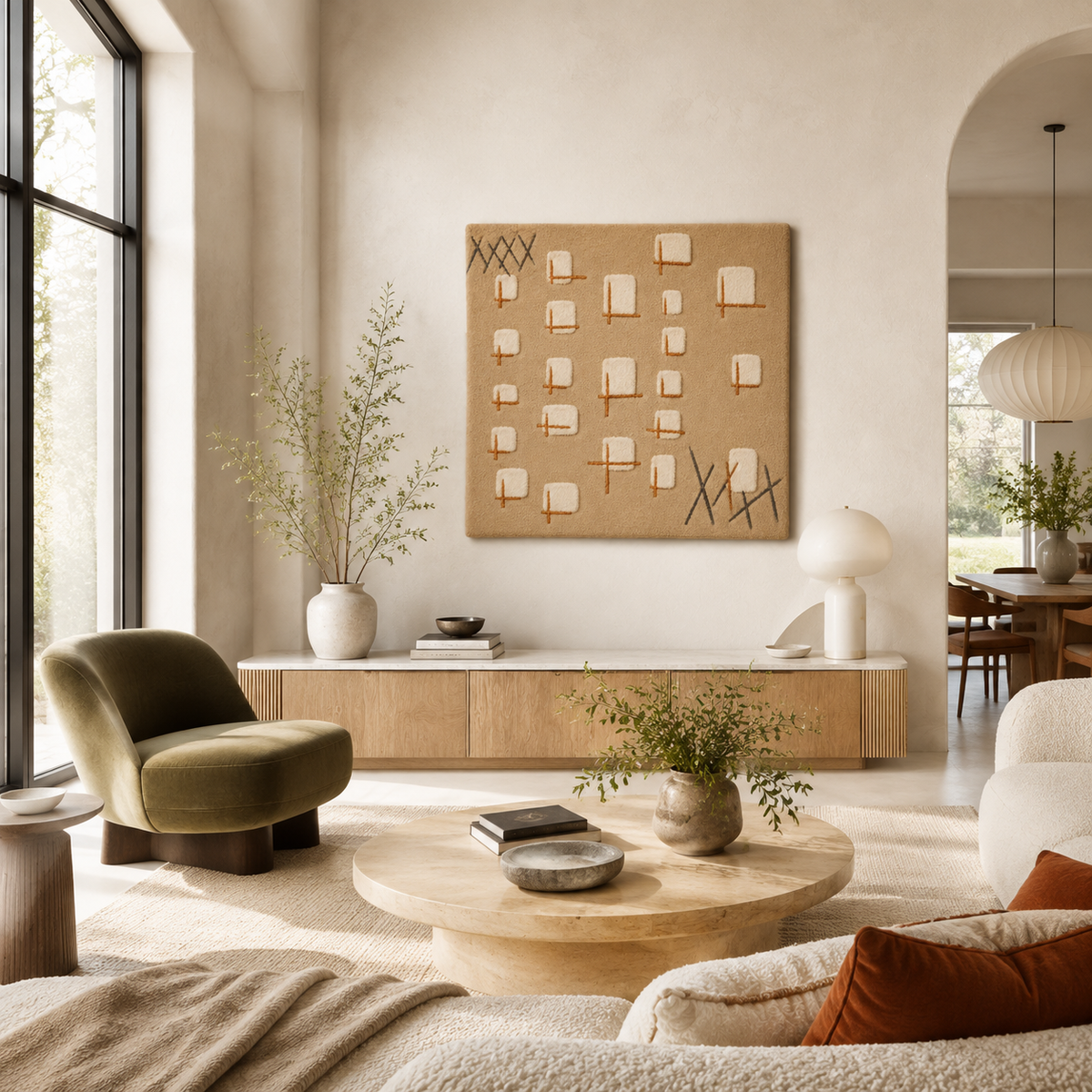 Hewn Earth Clay Marker Grid wall art with a geometric grid design in earthy tones, displayed on a room wall.