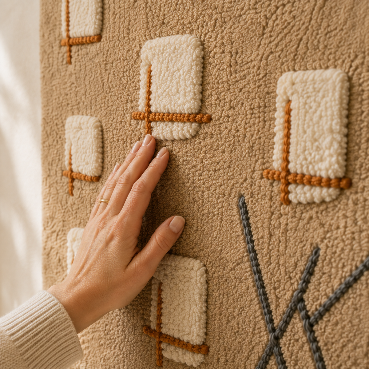 Hewn Earth Clay Marker Grid wall art featuring a textured grid pattern in earthy tones on a neutral background.