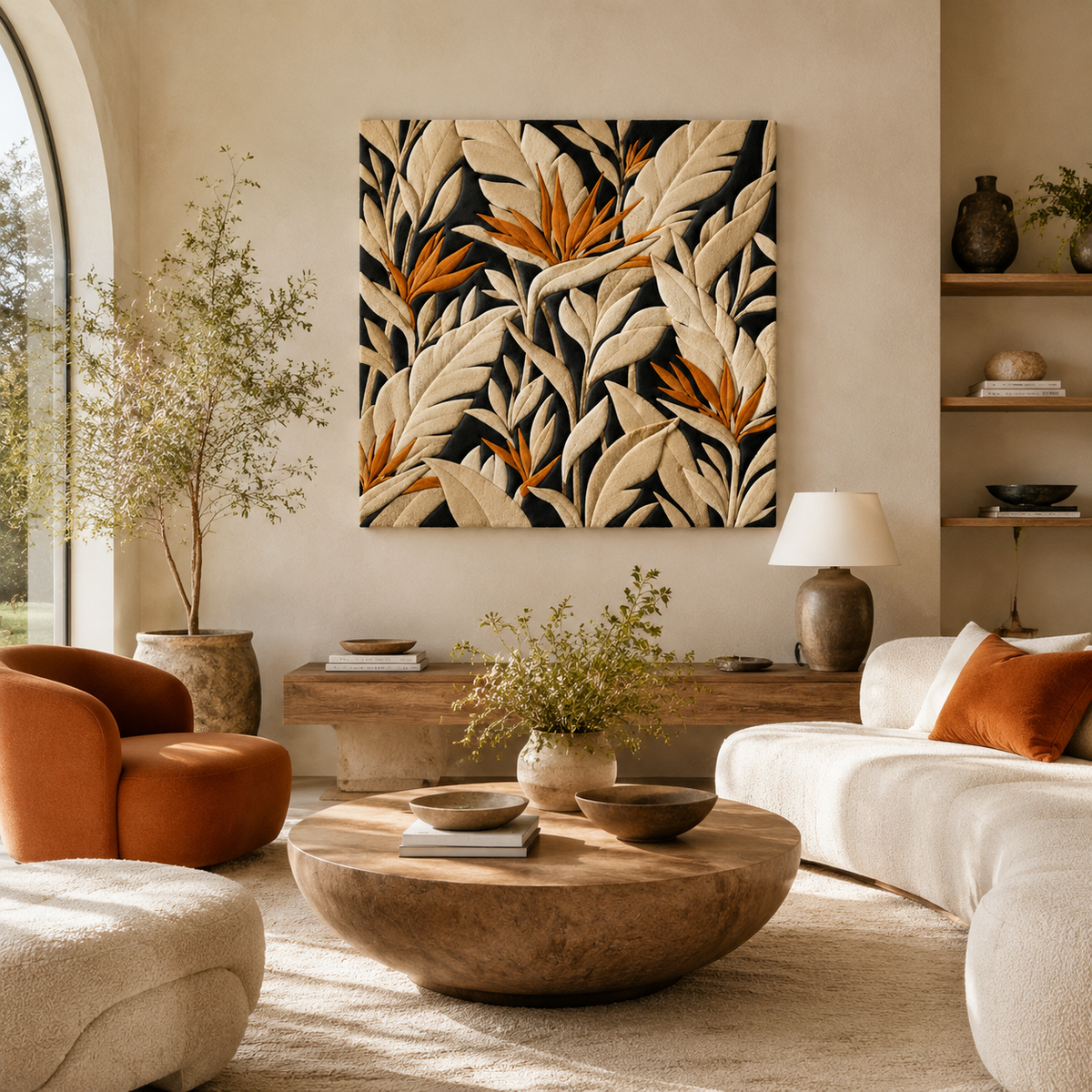 Hewn Earth Saffron Leaf Chorus wall art featuring a vibrant, textured leaf design displayed on a modern room wall.