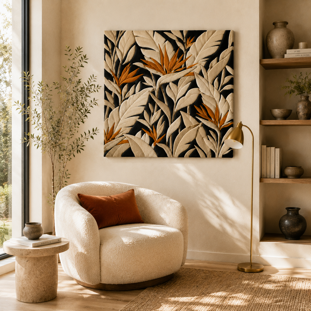 Saffron Leaf Chorus wall art by Hewn Earth featuring a vibrant, botanical design with saffron-colored leaf patterns on a neutral background.