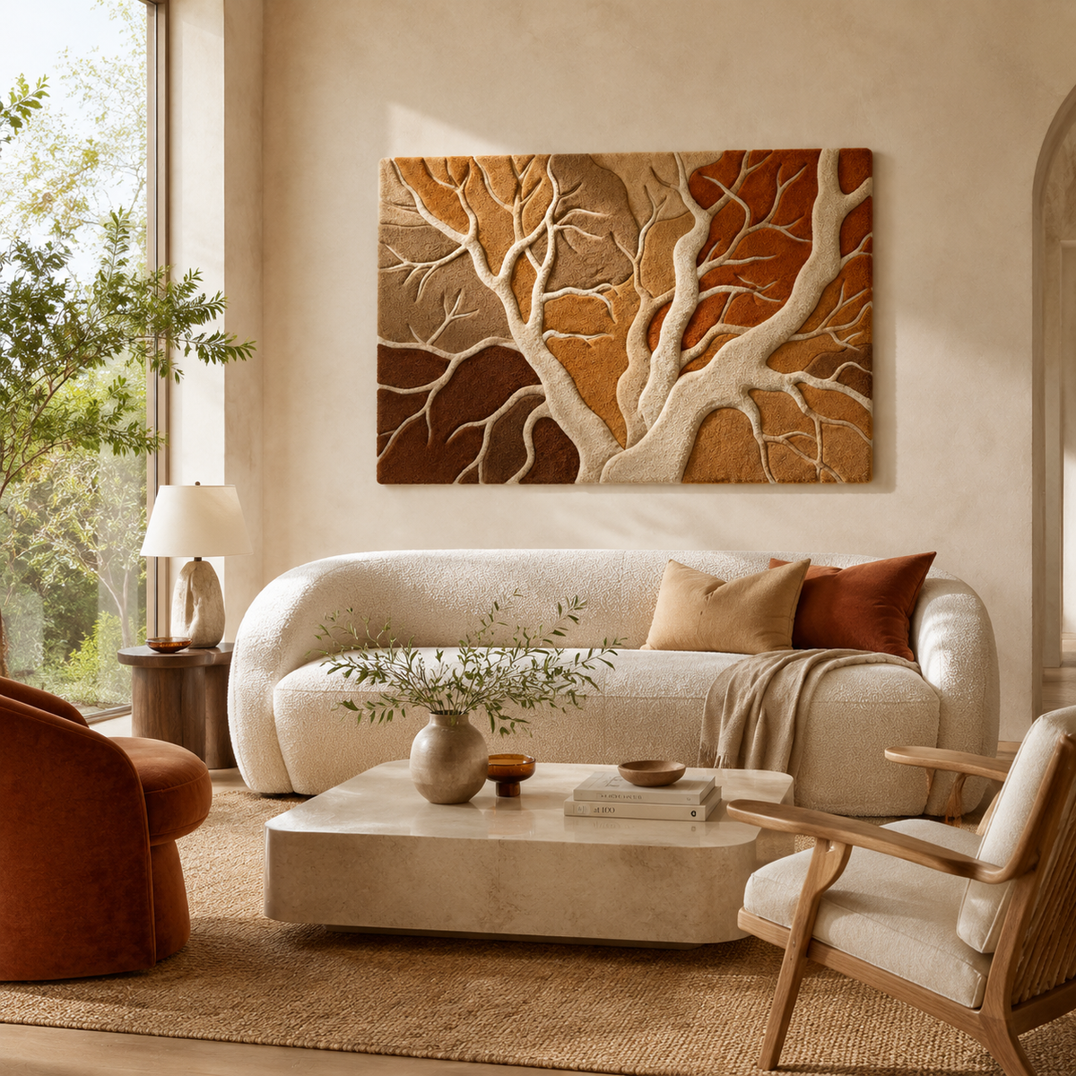 Hewn Earth Ember Root Atlas wall art, natural earthy tones, abstract design, hanging on a modern interior wall.
