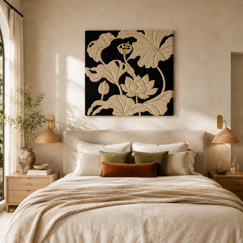 Ivory Lotus Night wall art by Hewn Earth, featuring a serene lotus flower design on a neutral background for elegant bedroom decor