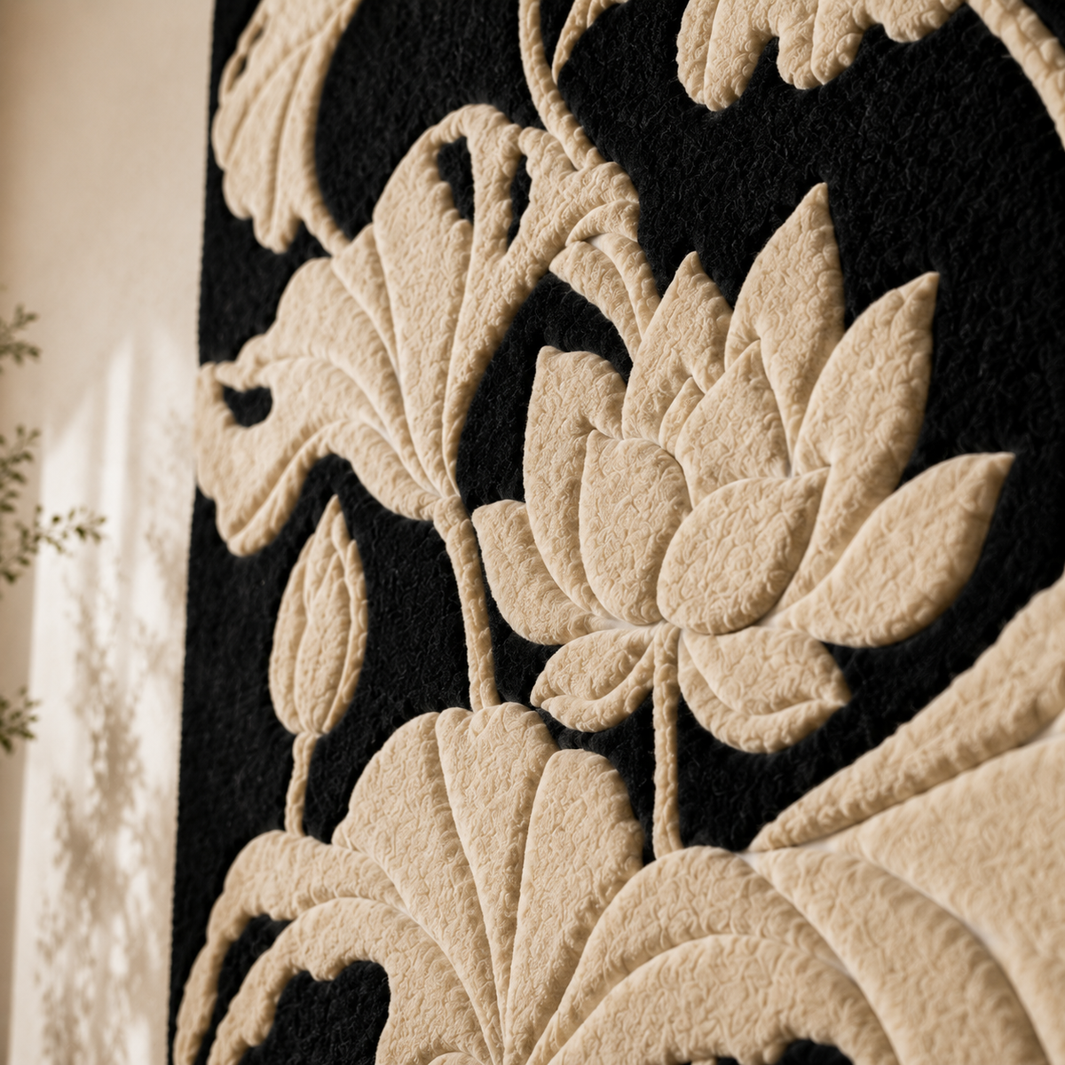 Ivory Lotus Night wall art by Hewn Earth featuring a serene ivory lotus flower design on a dark background.