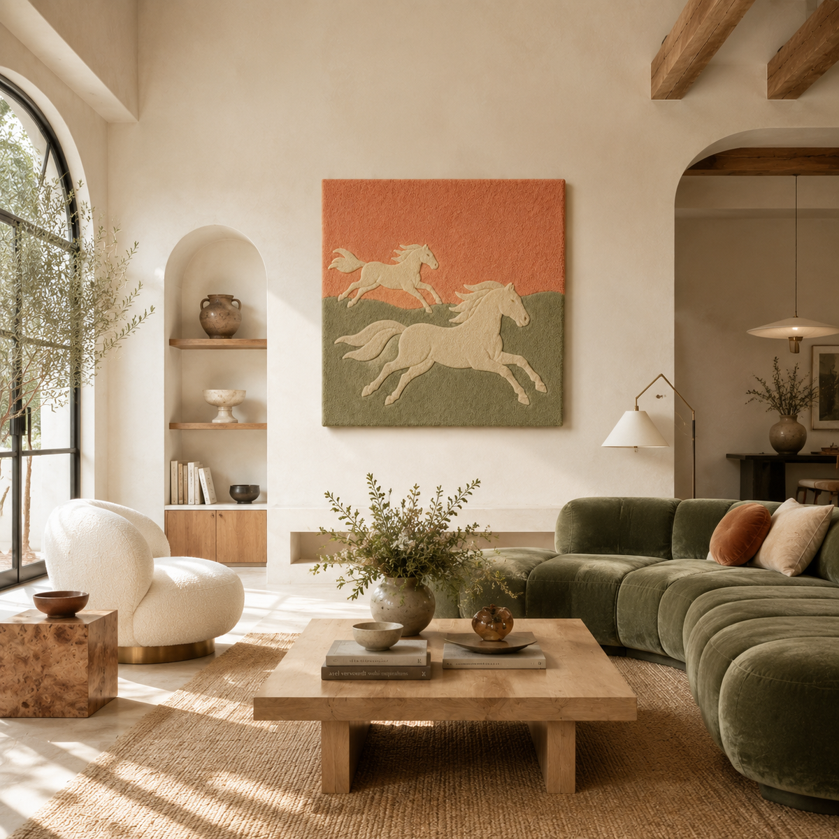 Coral Gallop wall art by Hewn Earth featuring vibrant coral and horse imagery on a textured canvas.
