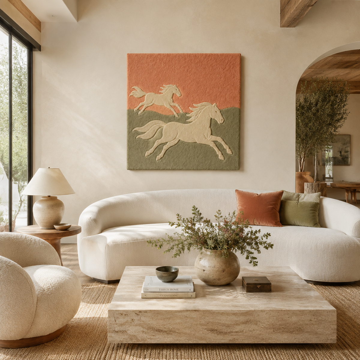 Colorful Coral Gallop Hewn Earth wall art featuring vibrant, abstract coral design on a neutral background.