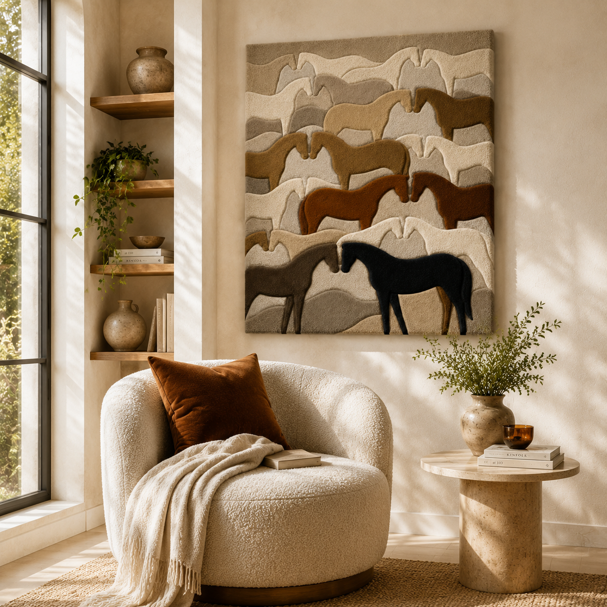 Hewn Earth Dune Herd Layers wall art featuring layered desert landscape in earthy tones, ideal for modern home decor.