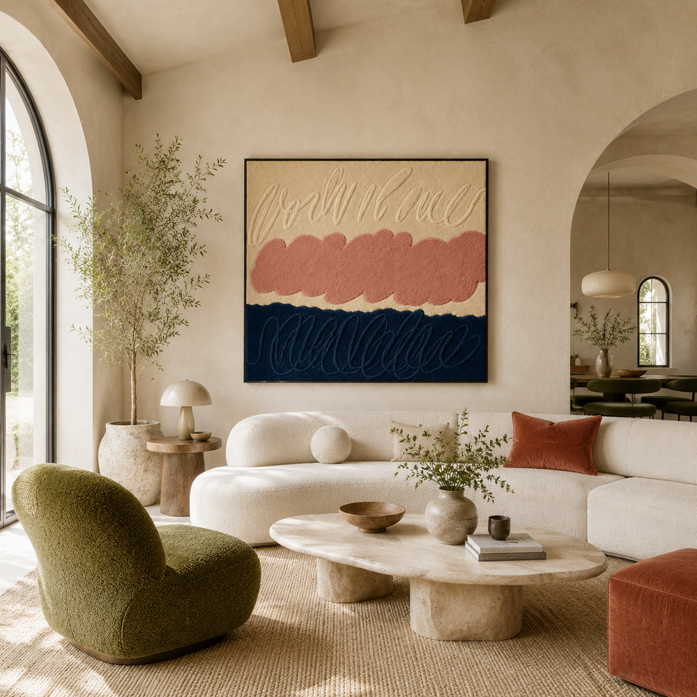Hewn Earth Rosewater Tide wall art featuring abstract floral design in soft pink and green tones, suitable for modern interior decor.