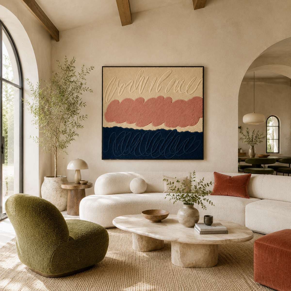 Hewn Earth Rosewater Tide wall art featuring abstract floral design in soft pink and green tones, suitable for modern interior decor.